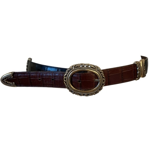 Vintage Reversible Black Brown Leather Belt With Metal Embellishments